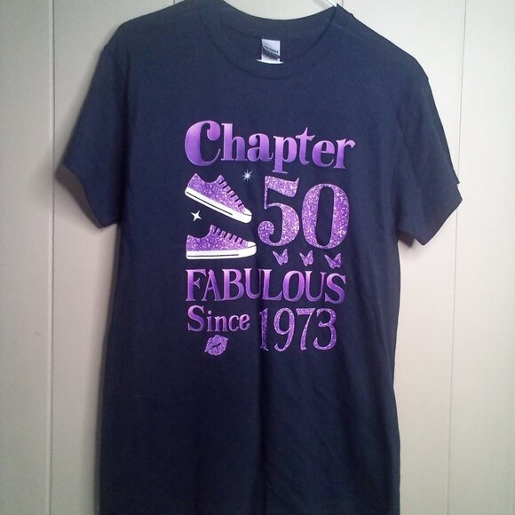"50" Shirt Small "Chapter 50 Fabulous Since 1973" Black Purple - Picture 10 of 11